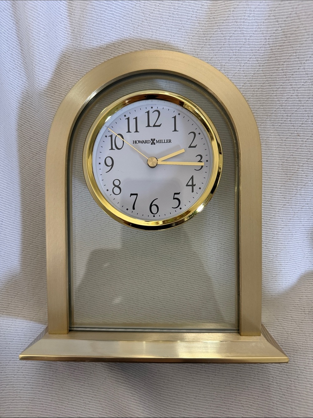 Howard Miller Imperial Arch Desk Clock Glass Floating Dial Brass 7.5”